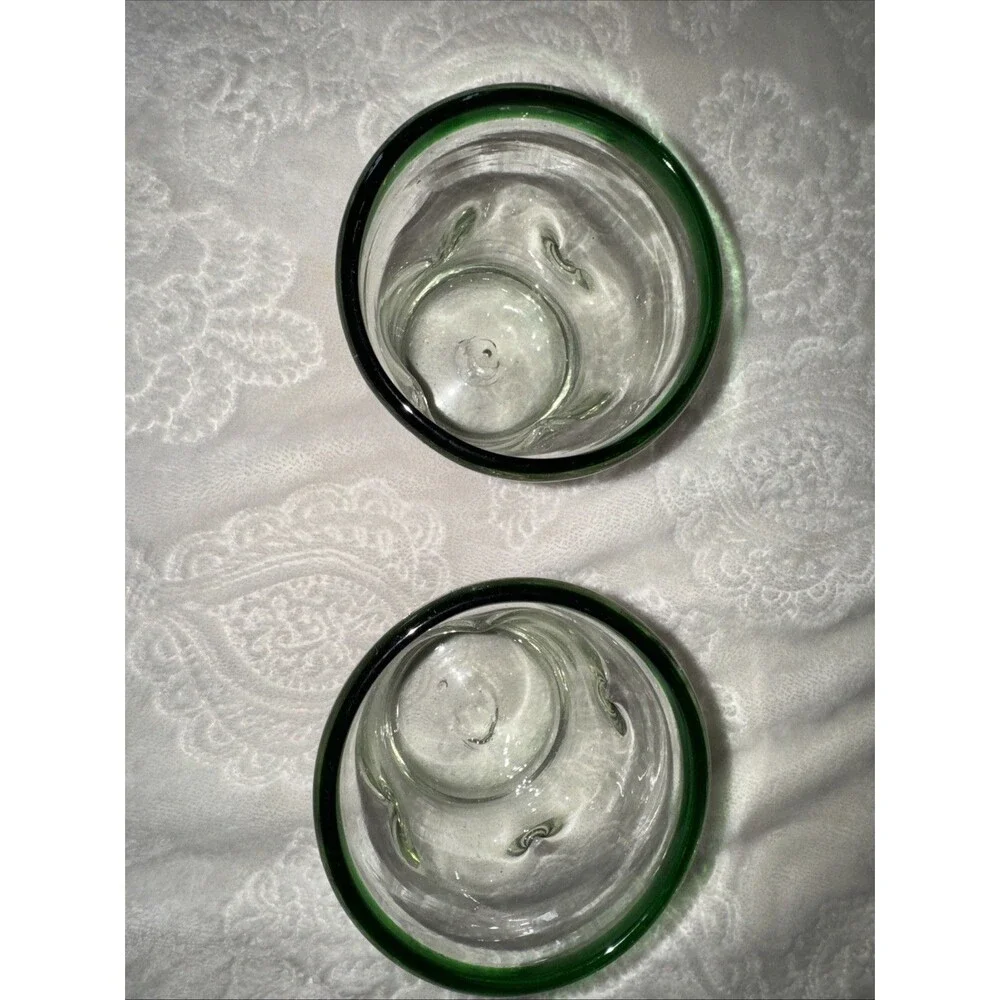 Set 2 Hand Blown Vtg Green Rim Mexican Glasses Old Fashion Rocks Margarita 4
